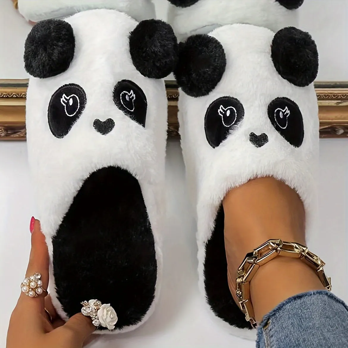 Cute Cartoon Panda Design Slippers, Casual Slip On Plush Lined Shoes, Comfortable Indoor Home Slippers