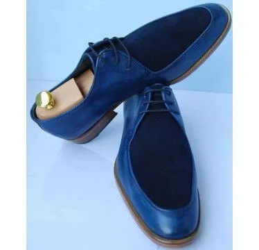 Handmade Blue Leather Suede Stylish Lace Up Men's Shoes