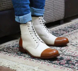 Handmade Brown & White Ankle high Cap toe Leather Boots