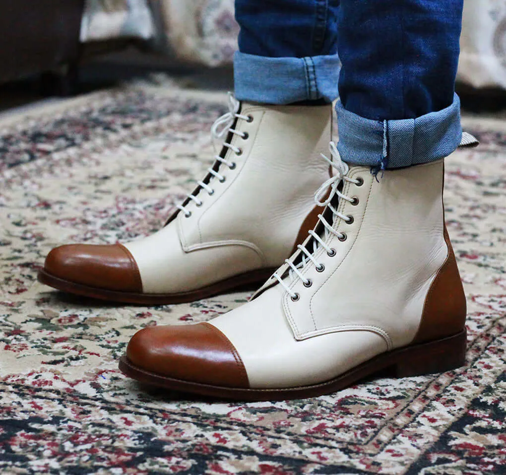 Handmade Brown & White Ankle high Cap toe Leather Boots