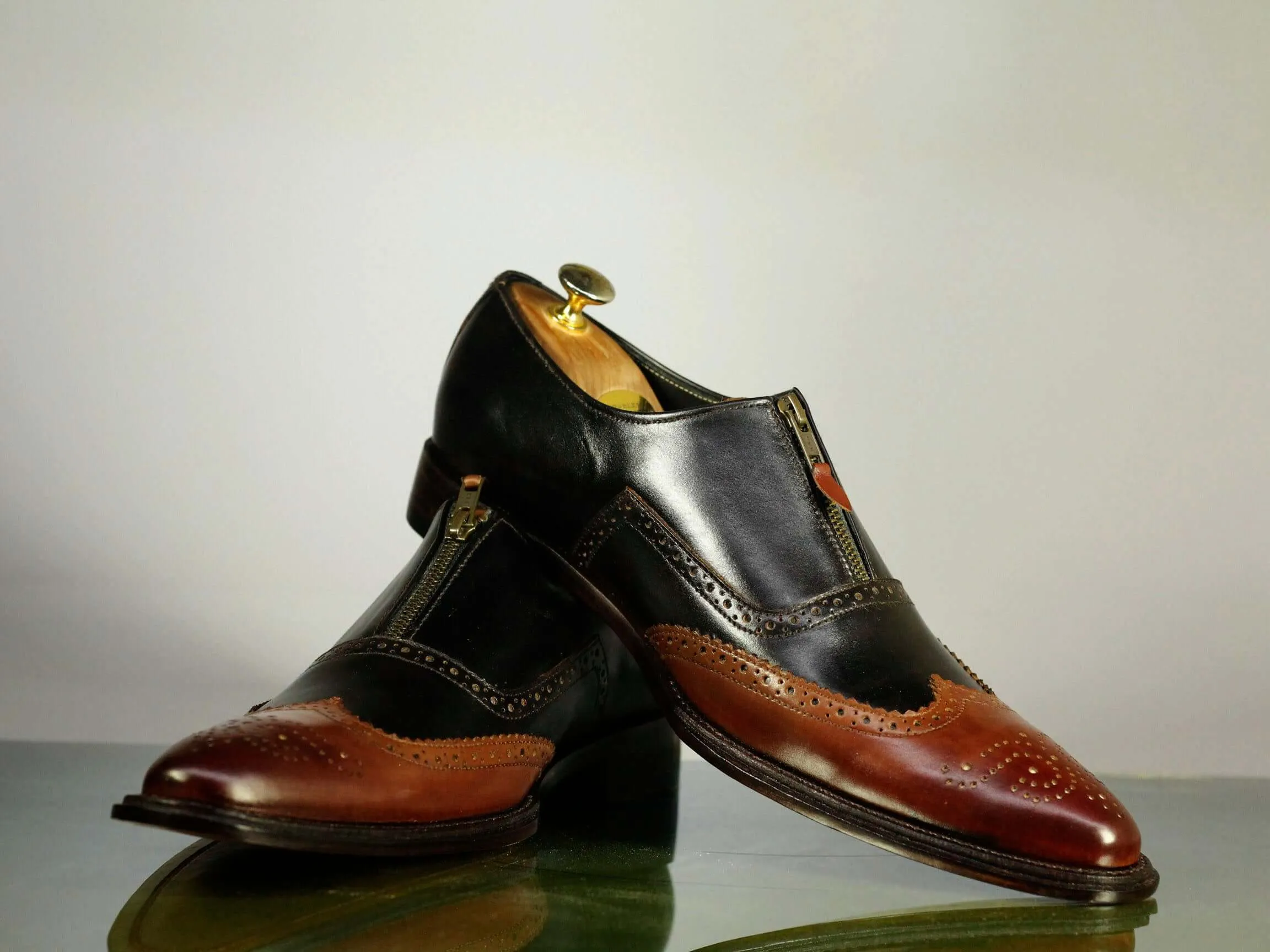 Handmade Brown Black Leather Zipper Shoes For Men's Party Shoes