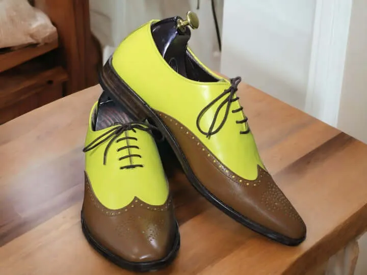 Handmade Brown Yellow Genuine Leather Lace Up Shoes, Men's Dress Shoes