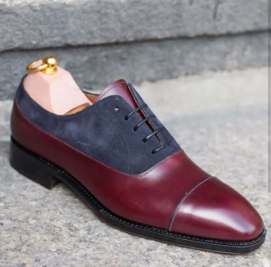 Handmade Burgundy Navy Blue Color Leather Suede Shoes, Men's Cap Toe Lace Up Dress Shoes