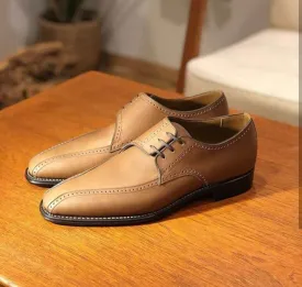 Handmade Men's Beige Leather Lace Up Shoe