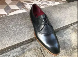 Handmade Men's Black Leather Derby Lace Up Shoe