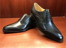 Handmade Men's Black Leather Round Toe Shoes