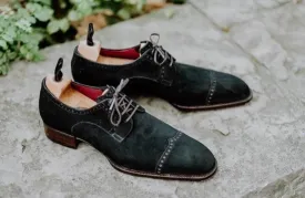 Handmade Men's Black Suede Derby Lace Up Shoes