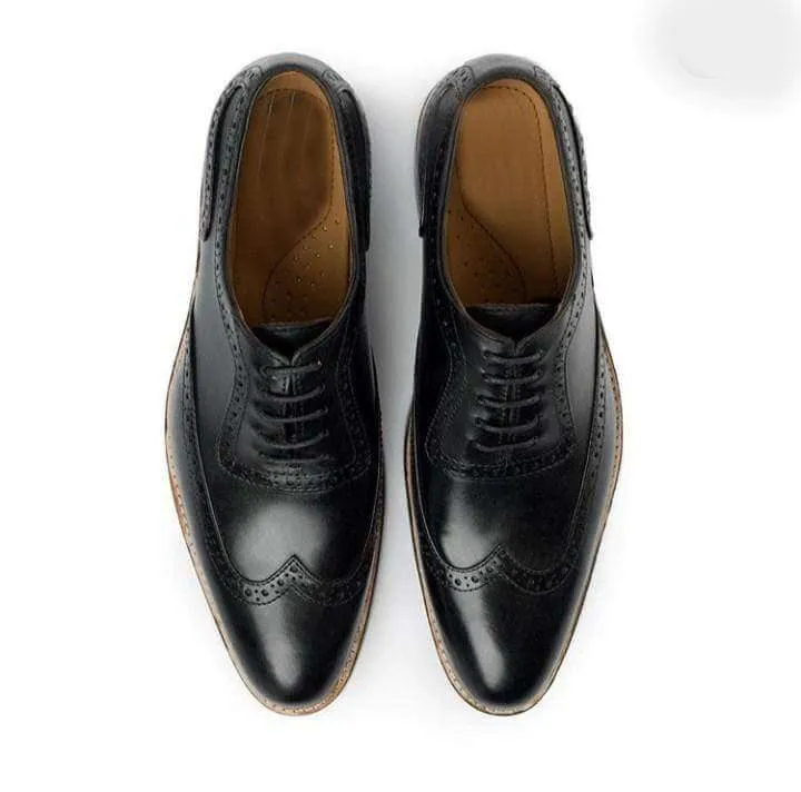 Handmade Men's Black White Leather Lace Up Wing Tip Shoe