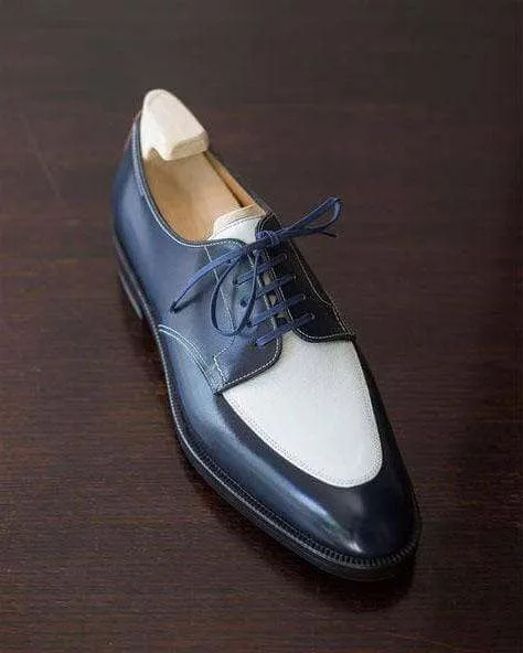 Handmade Men's Blue White Leather Round Toe Shoes