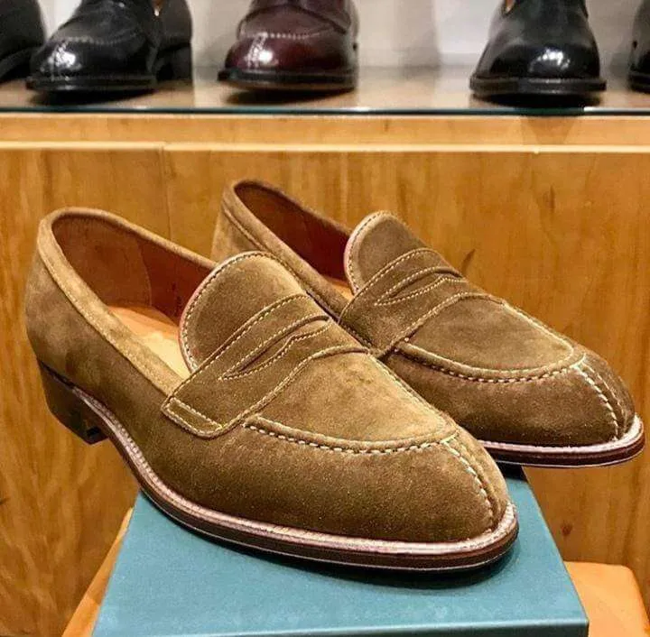 Handmade Men's Brown Suede Penny Loafers Shoes