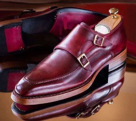 Handmade Men's Burgundy Leather Monk Strap Shoe