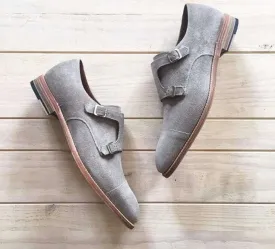 Handmade Men's Gray Suede Cap Toe Strap Monk Shoes