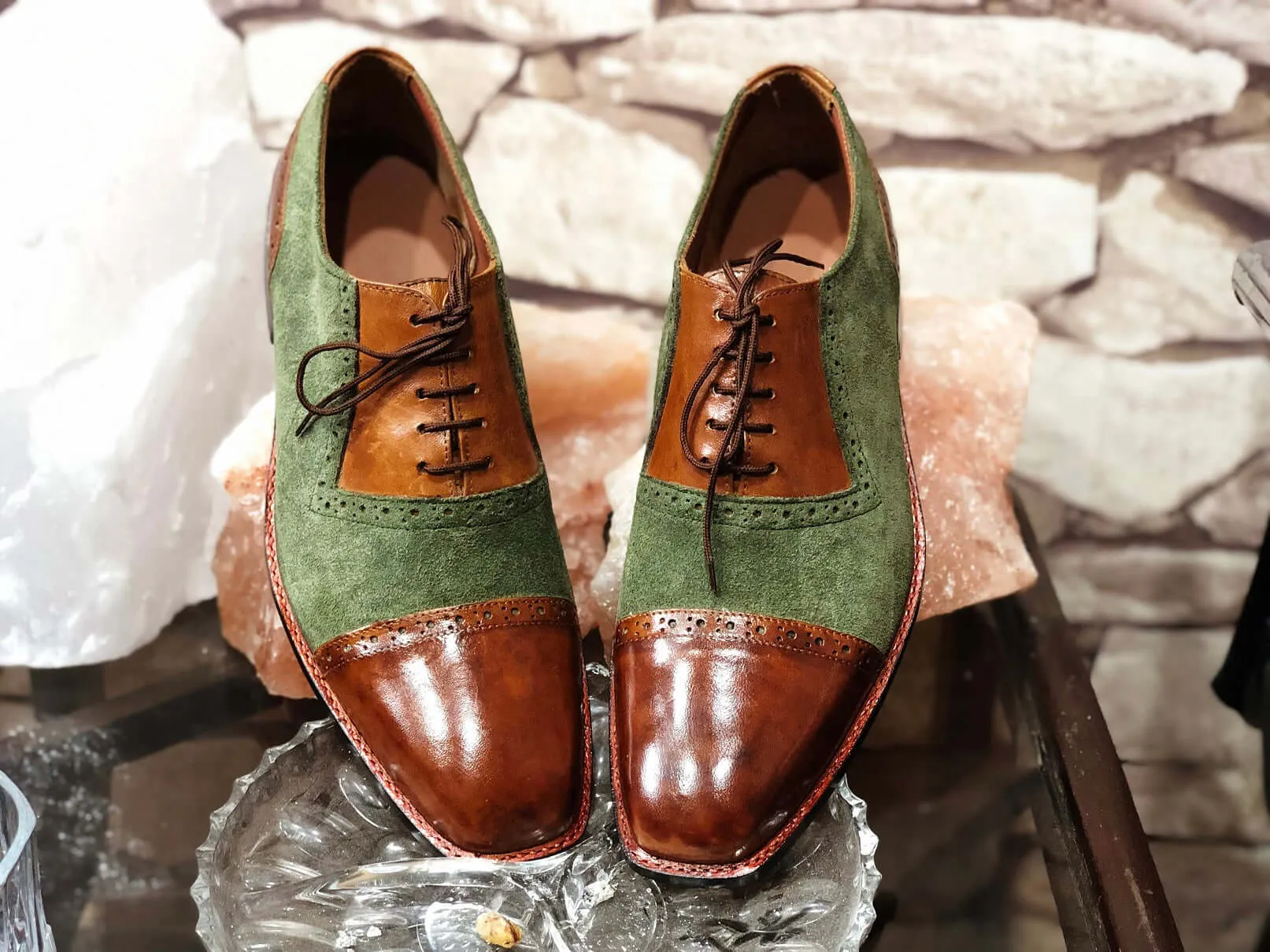 Handmade Men's Green Brown Color Shoes Stylish Leather Suede Cap Toe Lace Up Shoes