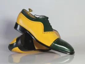 Handmade Men's Green Yellow Leather Cap Toe  Shoe