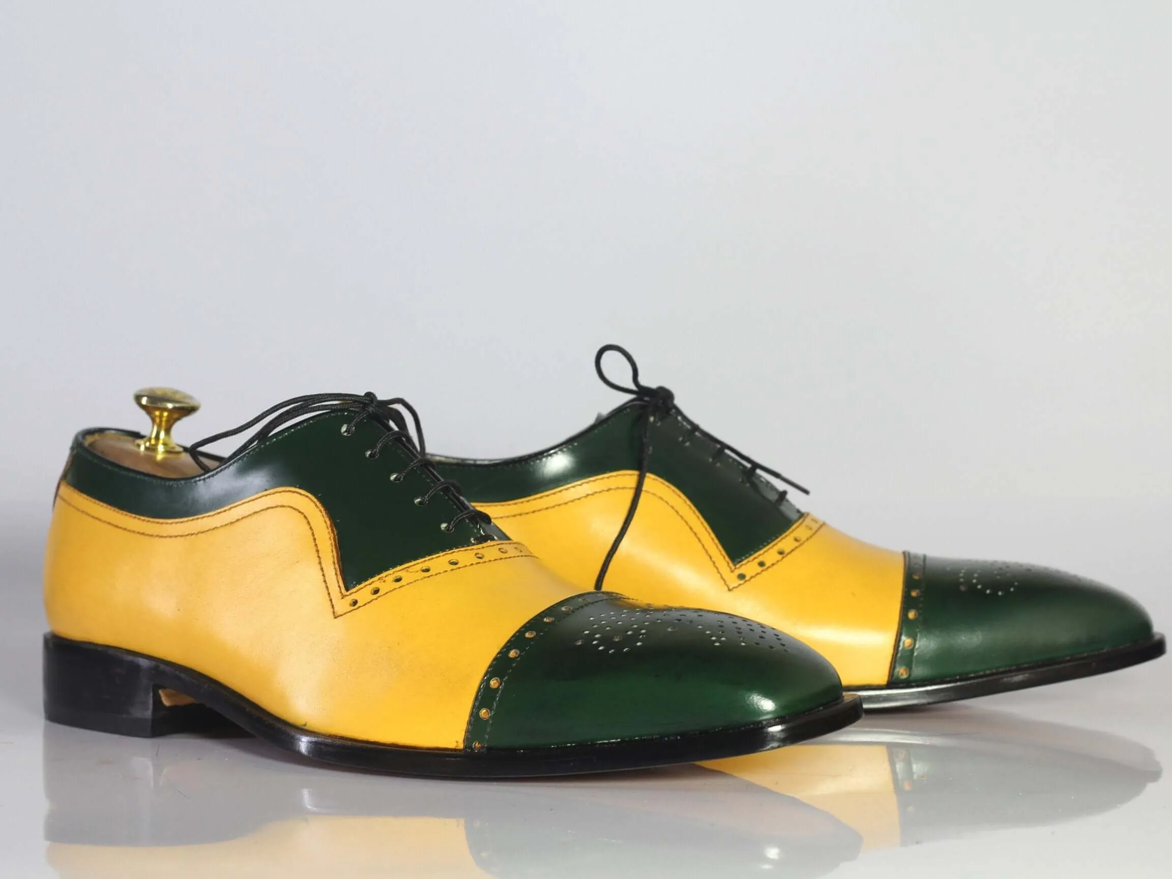 Handmade Men's Green Yellow Leather Cap Toe  Shoe