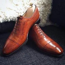 Handmade Men's Leather Brown Cap Toe Brogue Shoes