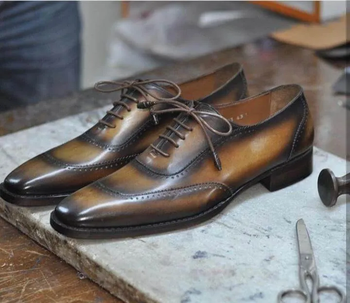 Handmade Men's Leather Cognac Black Square Toe Shoes