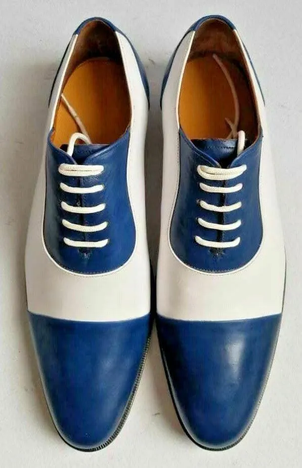 Handmade Men’s Leather Lace Up Stylish Shoes, Men White Blue Cap Toe Dress Shoes