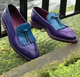 Handmade Men's Leather purple Split Toe Blue Fringe Slip On Shoes