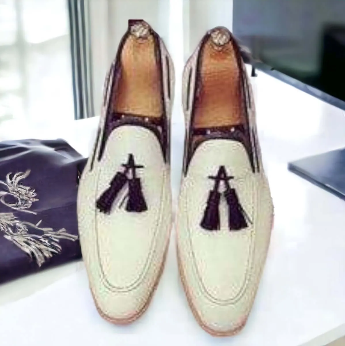 Handmade Men's Leather White Slip On Moccasin Tussles Shoes