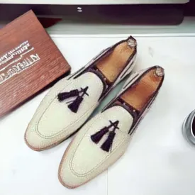 Handmade Men's Leather White Slip On Moccasin Tussles Shoes