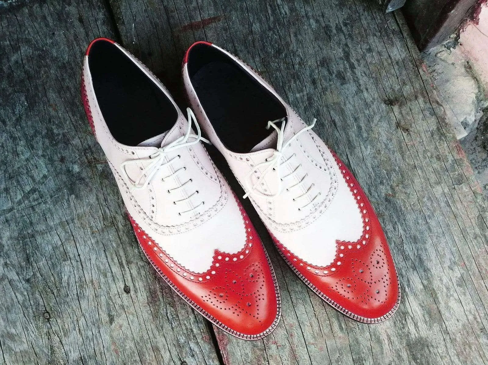 Handmade Men's Leather Wing Tip Brogue Red White Shoes