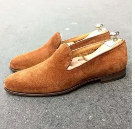 Handmade Men's Tan Moccasin Suede Loafers