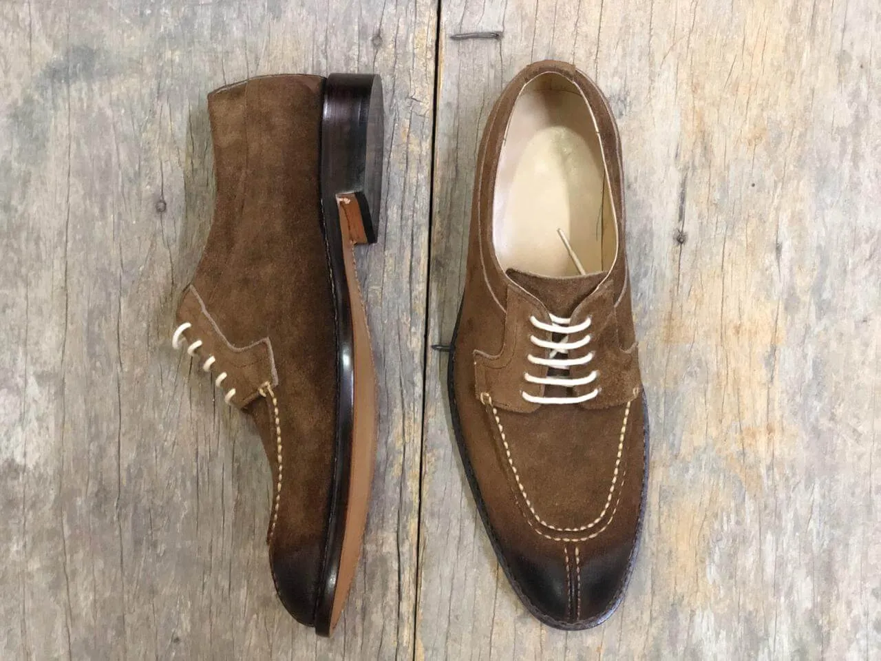 Handmade  Two Tone Brown Split Toe Suede Lace Up Shoes For Men's