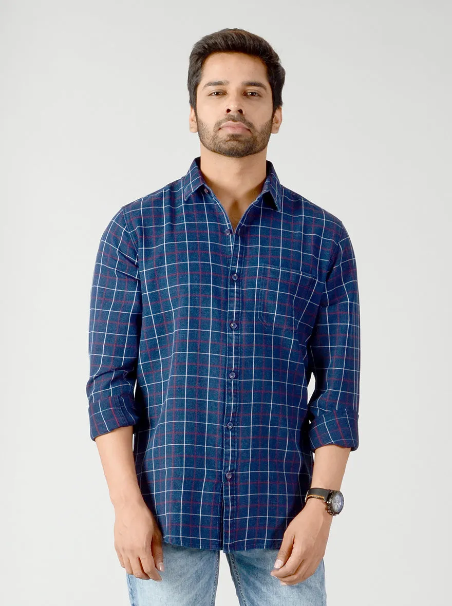 Indigo Blue & Red Checked Slim Fit Casual Shirt | JadeBlue