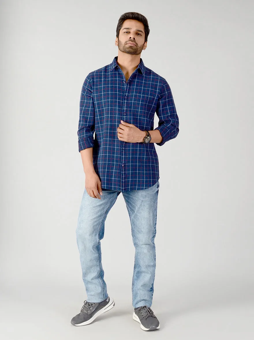 Indigo Blue & Red Checked Slim Fit Casual Shirt | JadeBlue