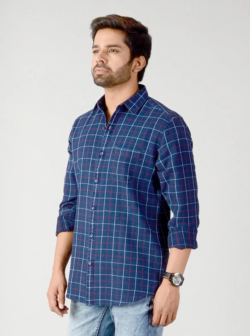 Indigo Blue & Red Checked Slim Fit Casual Shirt | JadeBlue