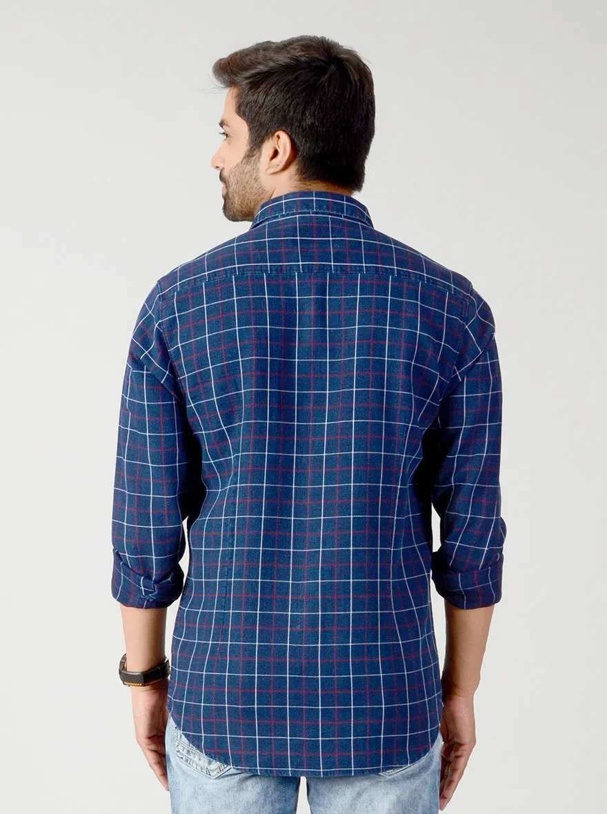 Indigo Blue & Red Checked Slim Fit Casual Shirt | JadeBlue