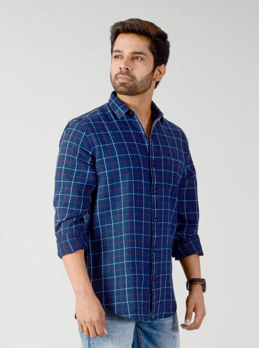 Indigo Blue & Red Checked Slim Fit Casual Shirt | JadeBlue