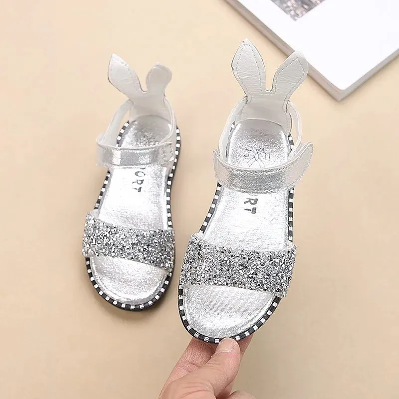 Kids Girls Sandals Beach Shoes Cute Sweet Princess Rhinestone With Rabbit Ear Soft Fashion Sandals - YGSD50610