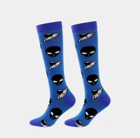 Knee High Alien Compression Socks, Fun Novelty Women 360 Degree Artwork Character Designed Crew Socks