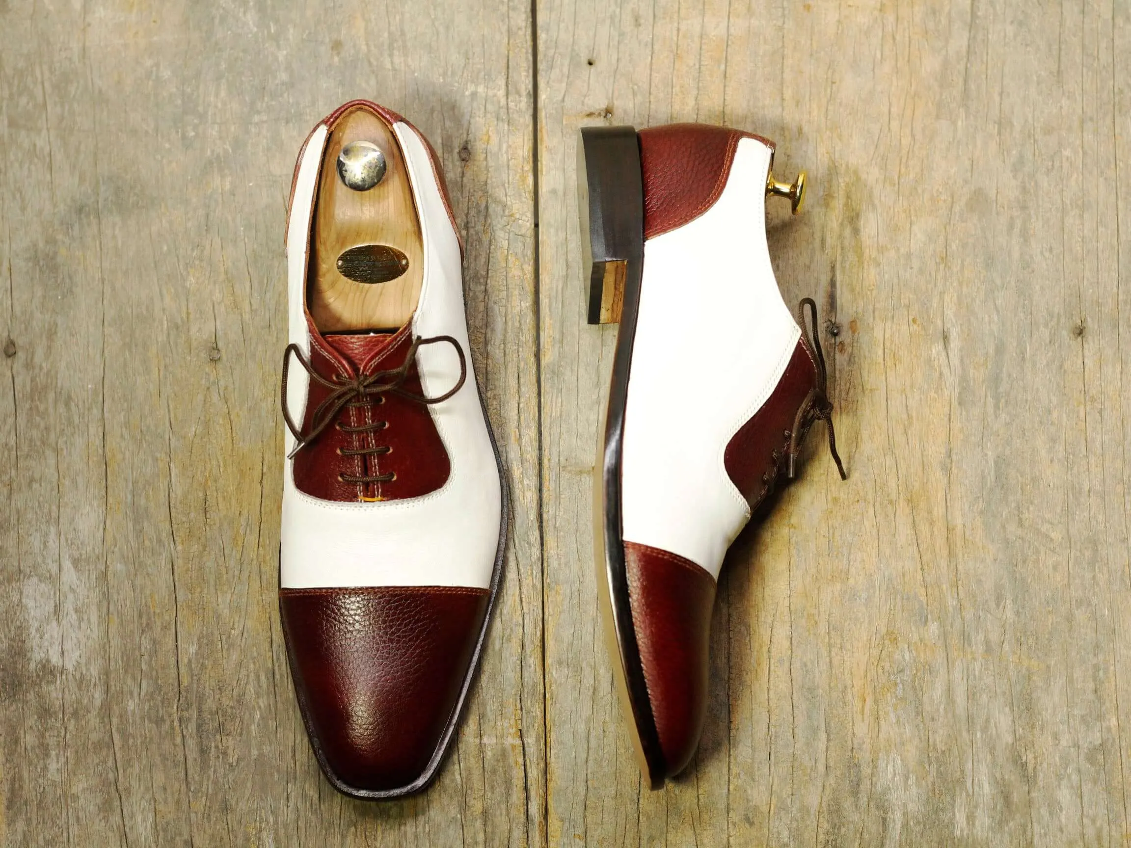 Men's Burgundy White Stylish Lace Up Party Shoes,Handmade Shoes