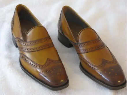 Men's Handmade Shoes,Tan Colour Wing Tip  Penny Loafer Dress Shoes