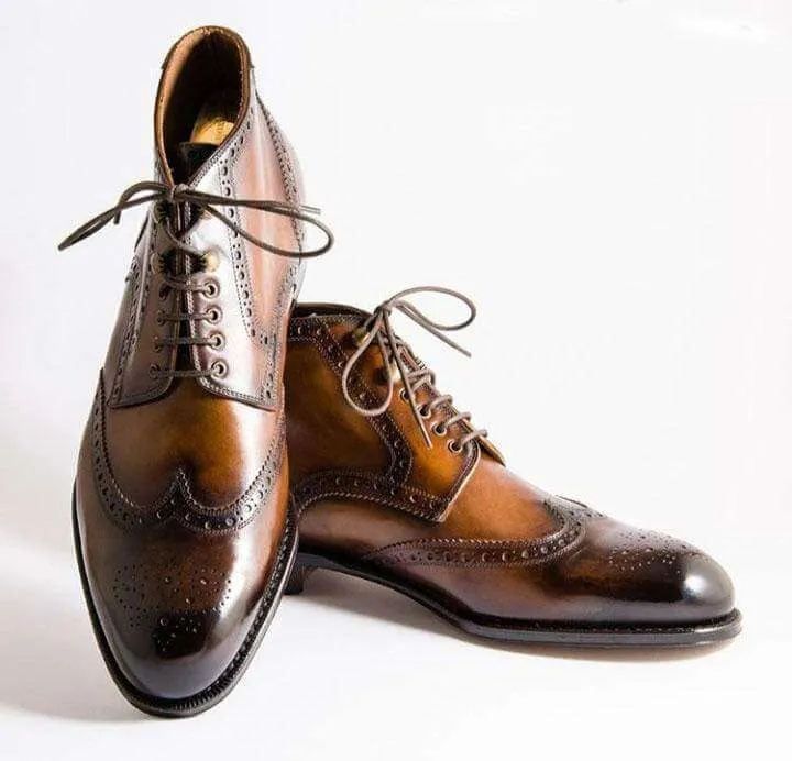 Men's Leather Cognac Wing Tip Brogue Lace Up Shoes