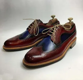 Men's Leather Navy Blue Burgundy Wing Tip Brogue Shoes