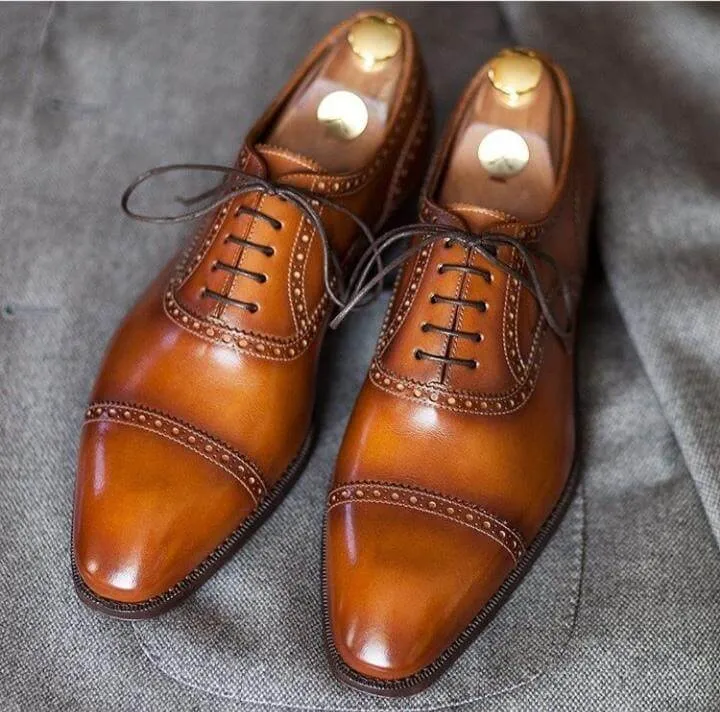 Men's Leather Tan Cap Toe Brogue Shoes