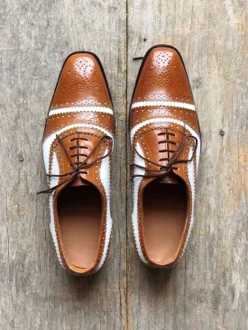 Men's Leather White Brown Cap Toe Lace Up Shoes