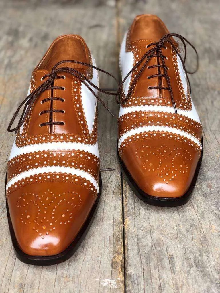 Men's Leather White Brown Cap Toe Lace Up Shoes