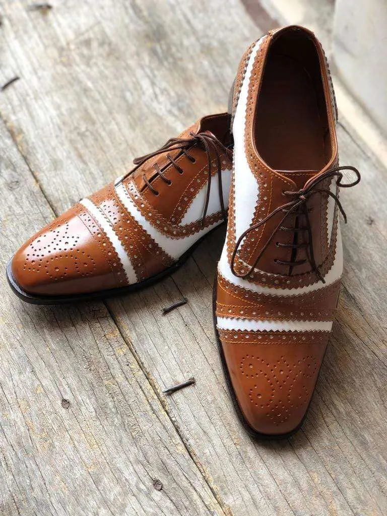 Men's Leather White Brown Cap Toe Lace Up Shoes