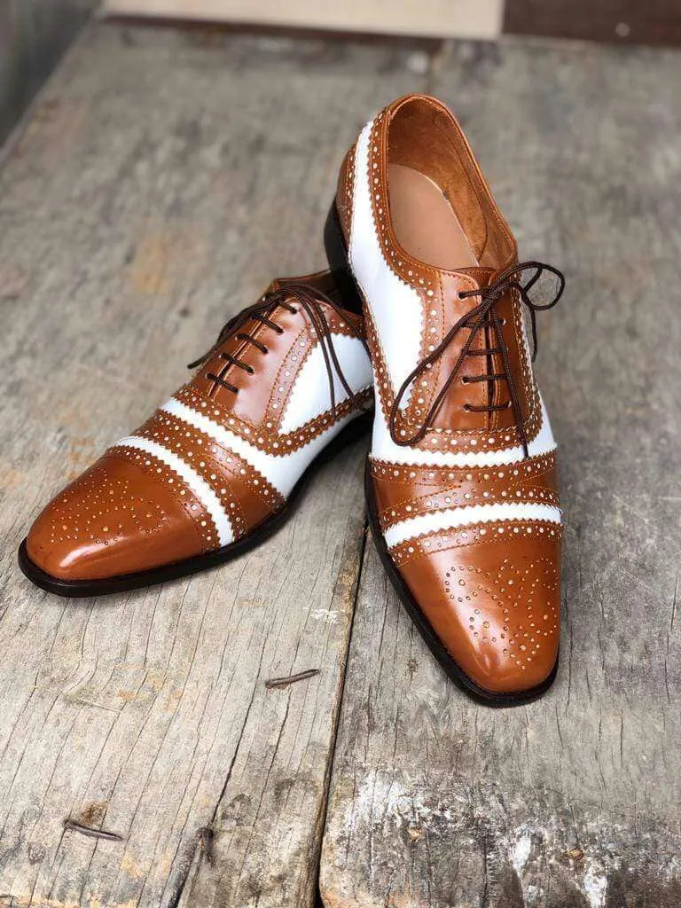 Men's Leather White Brown Cap Toe Lace Up Shoes