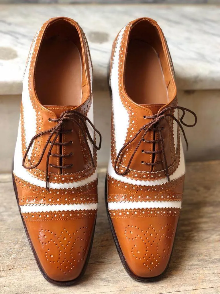 Men's Leather White Brown Cap Toe Lace Up Shoes