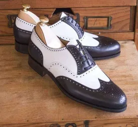 Men's Leather Wing Tip Brogue Dark Brown White Lace Up Shoes