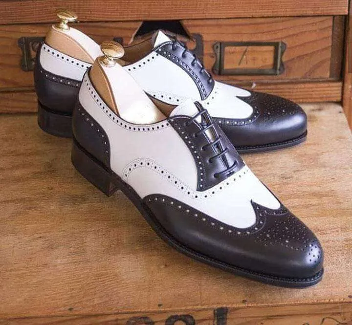 Men's Leather Wing Tip Brogue Dark Brown White Lace Up Shoes