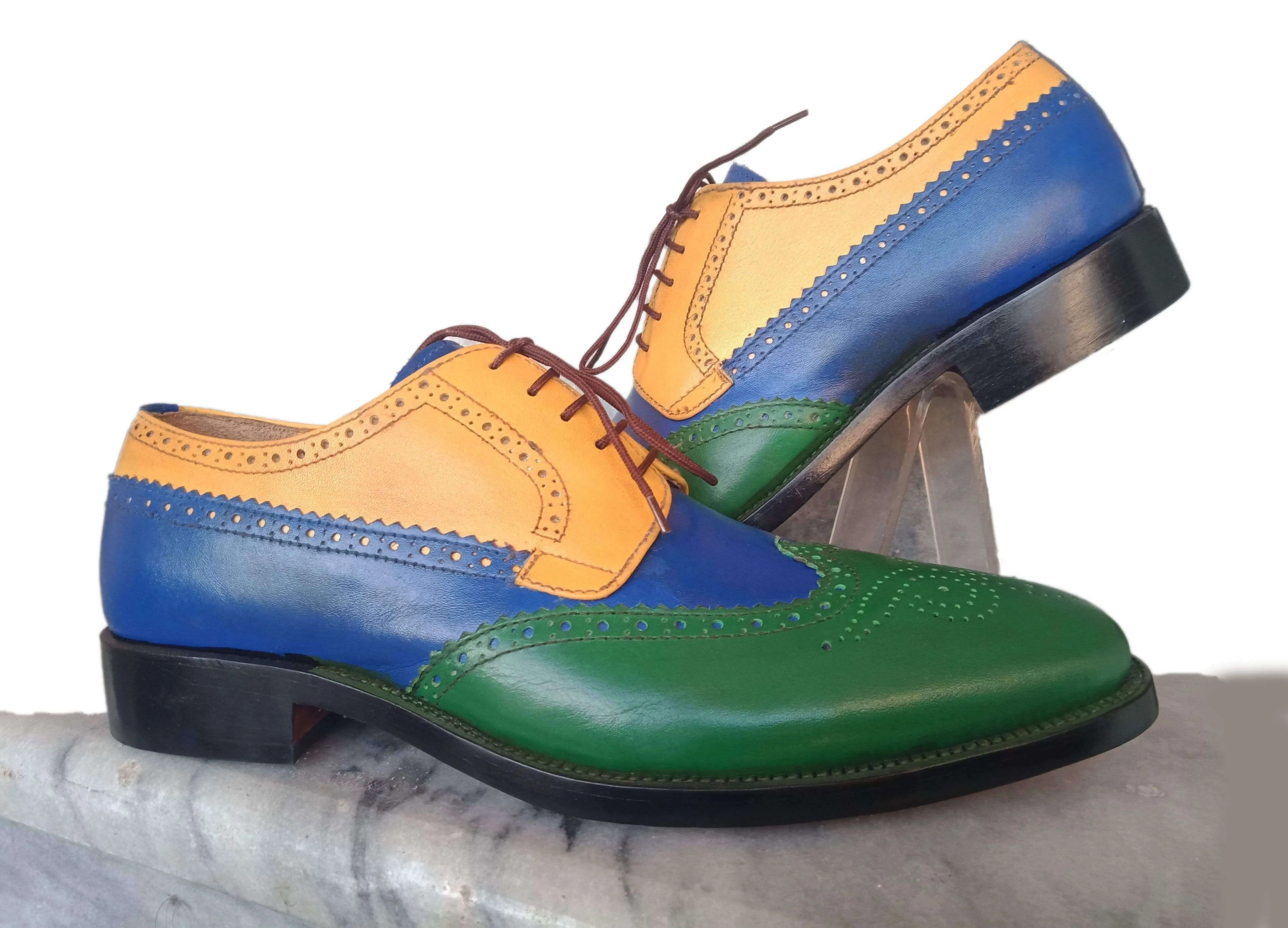 Men's Leather Wing Tip Brogue Multi Color Lace Up Shoes