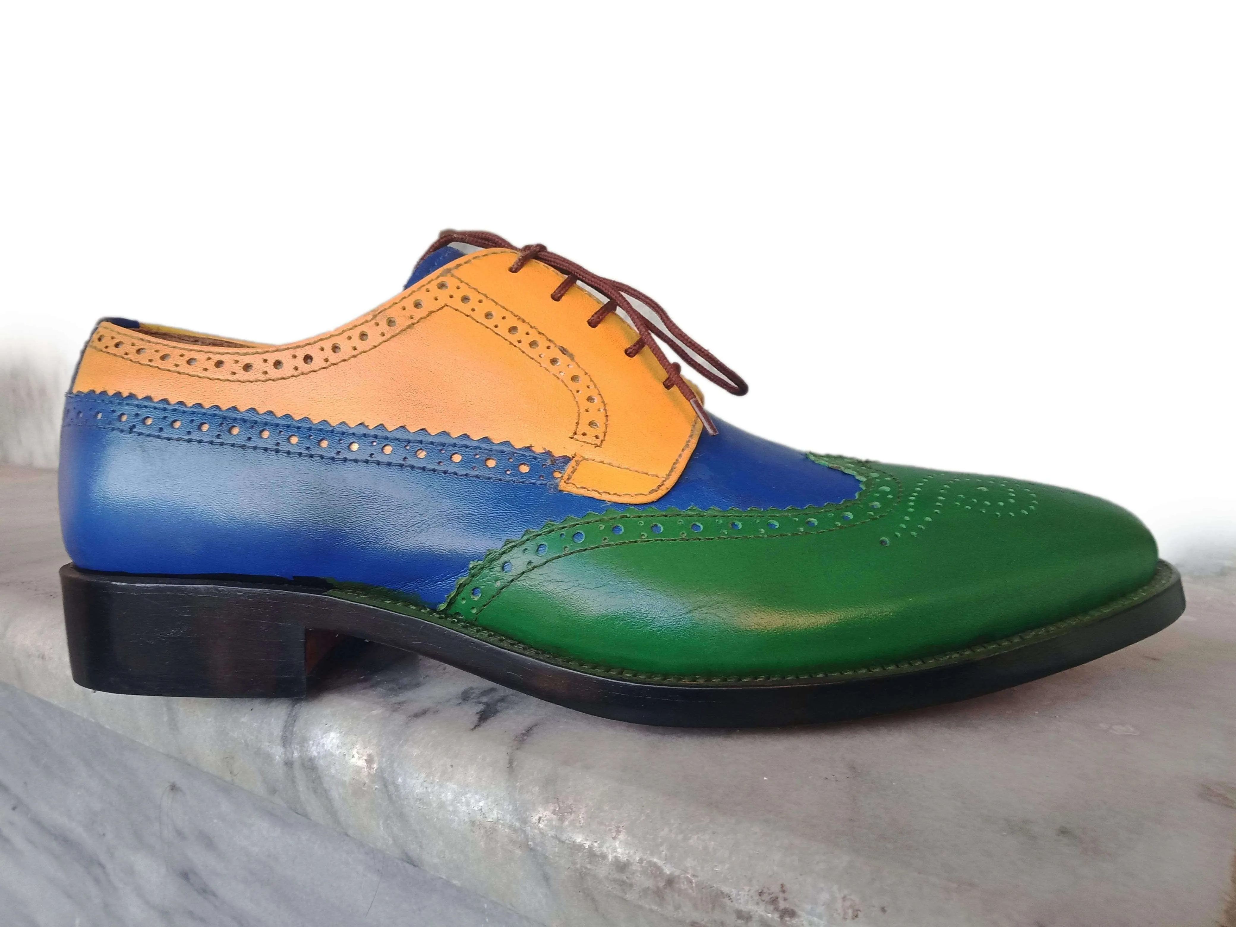 Men's Leather Wing Tip Brogue Multi Color Lace Up Shoes