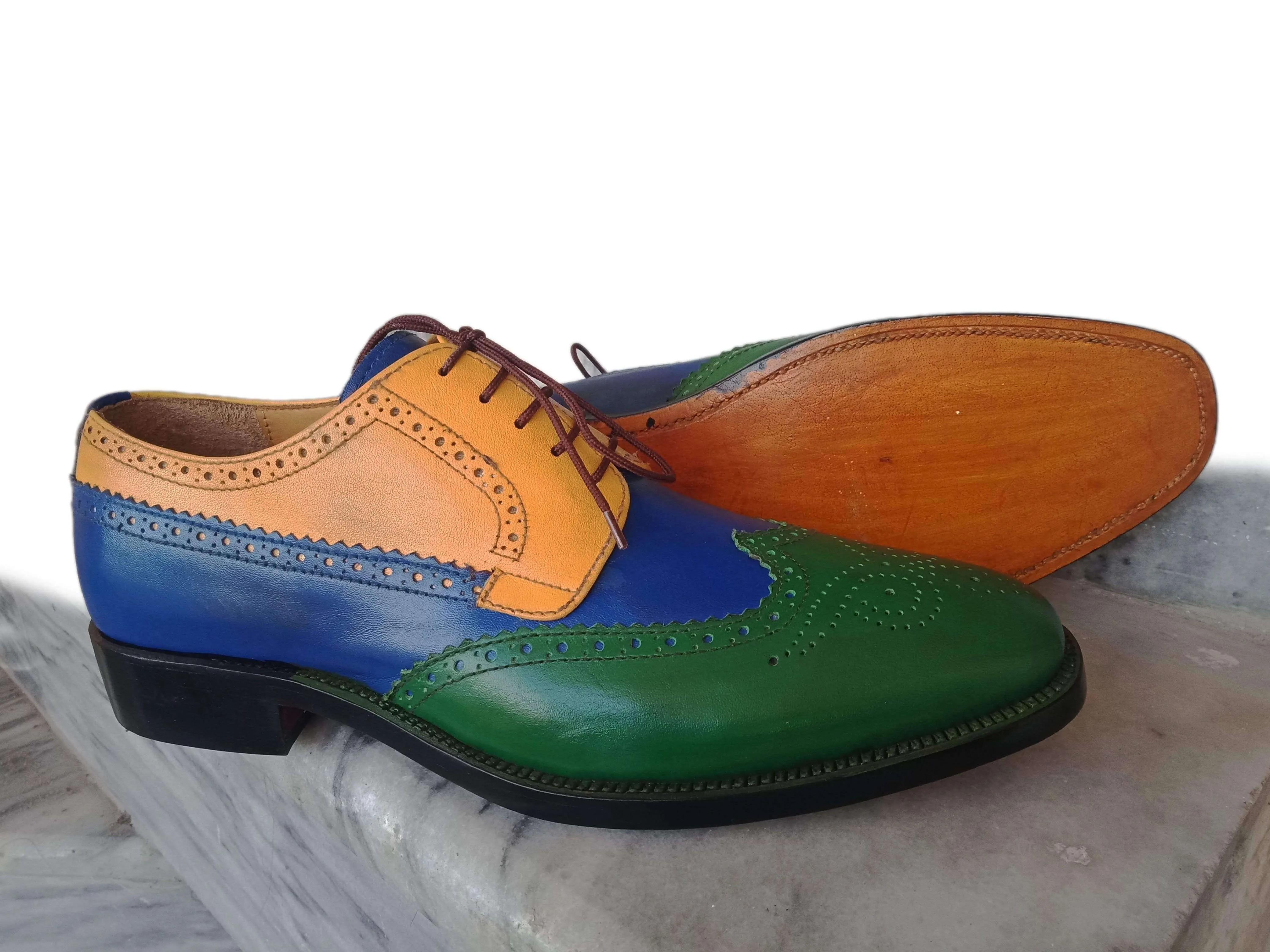 Men's Leather Wing Tip Brogue Multi Color Lace Up Shoes